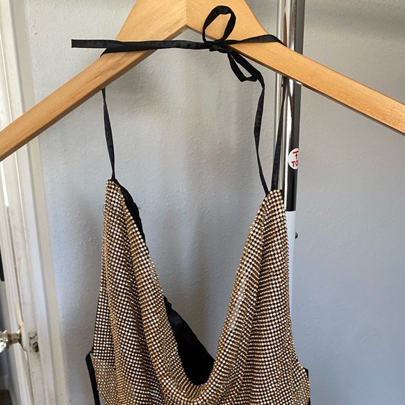 Gold Rhinestone Halter Top Open Back - Picture 4 of 5